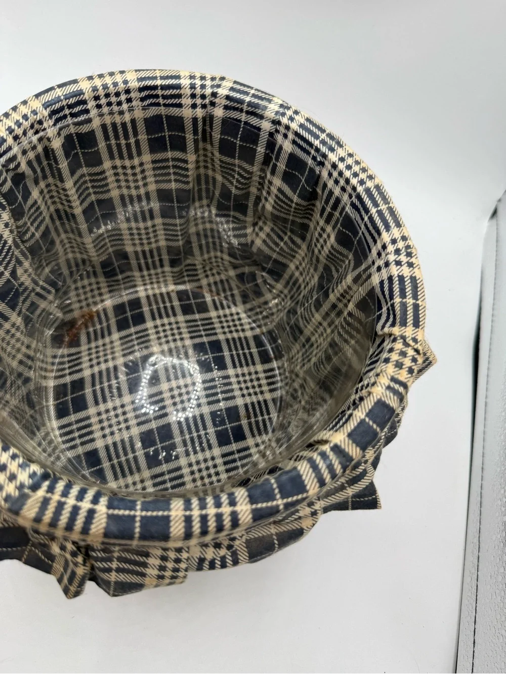 Woven Basket Cookie Jar Wooden Lid Plastic Liner Navy Blue Cotton Fabric Cover
